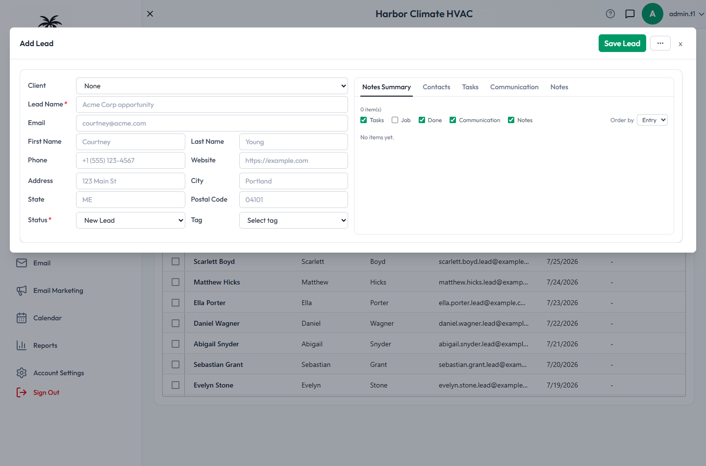 The Add Lead form, with the lead's fields on the left and the tabbed detail panel on the right