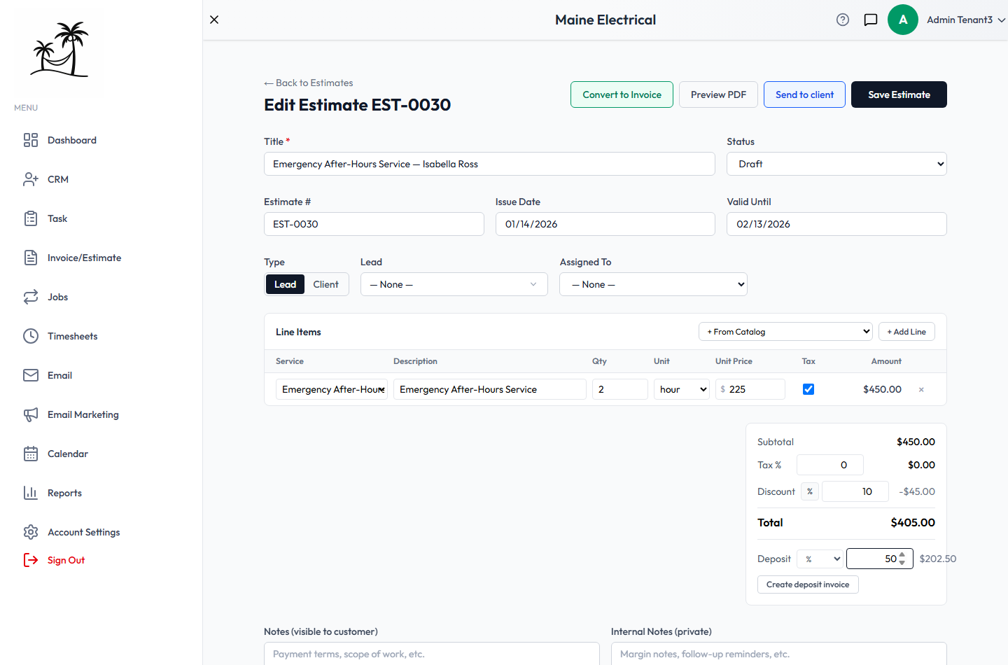 The totals panel with a 10% discount and a 50% deposit, showing what each comes to and the Create deposit invoice button