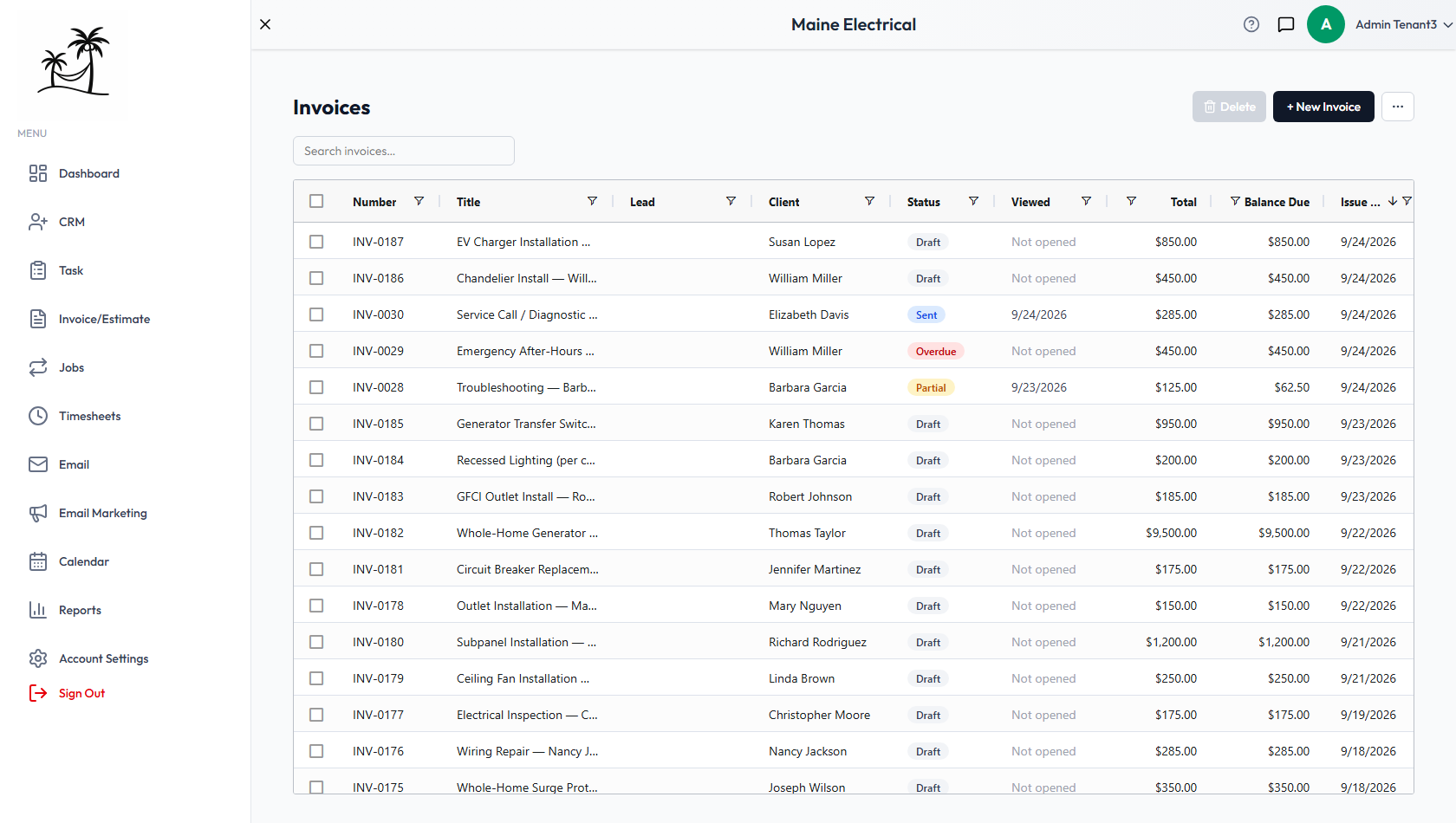 The Invoices grid, with a sent invoice the customer has opened, an overdue one they haven't, and a part-paid one