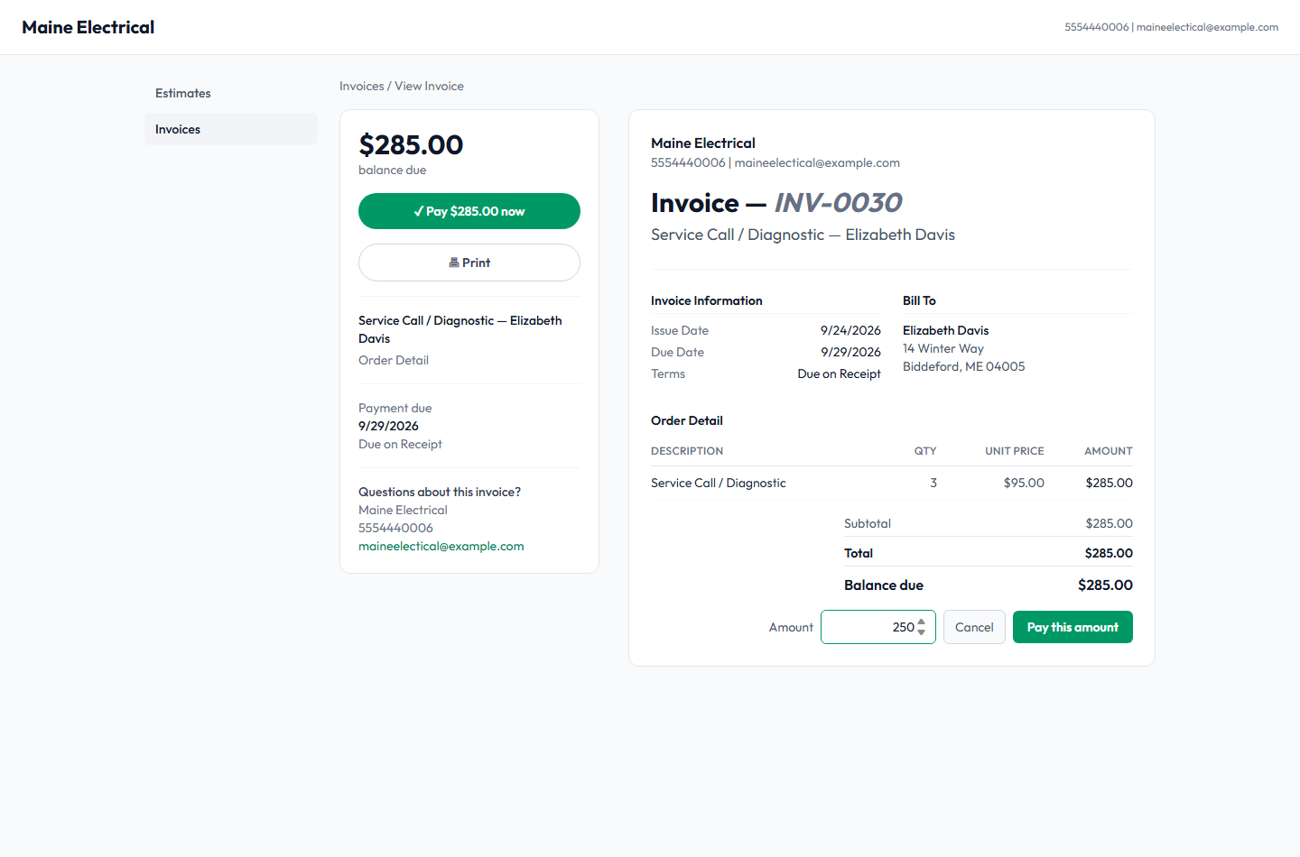 The customer portal invoice, with Pay in full and the Pay part of this amount box