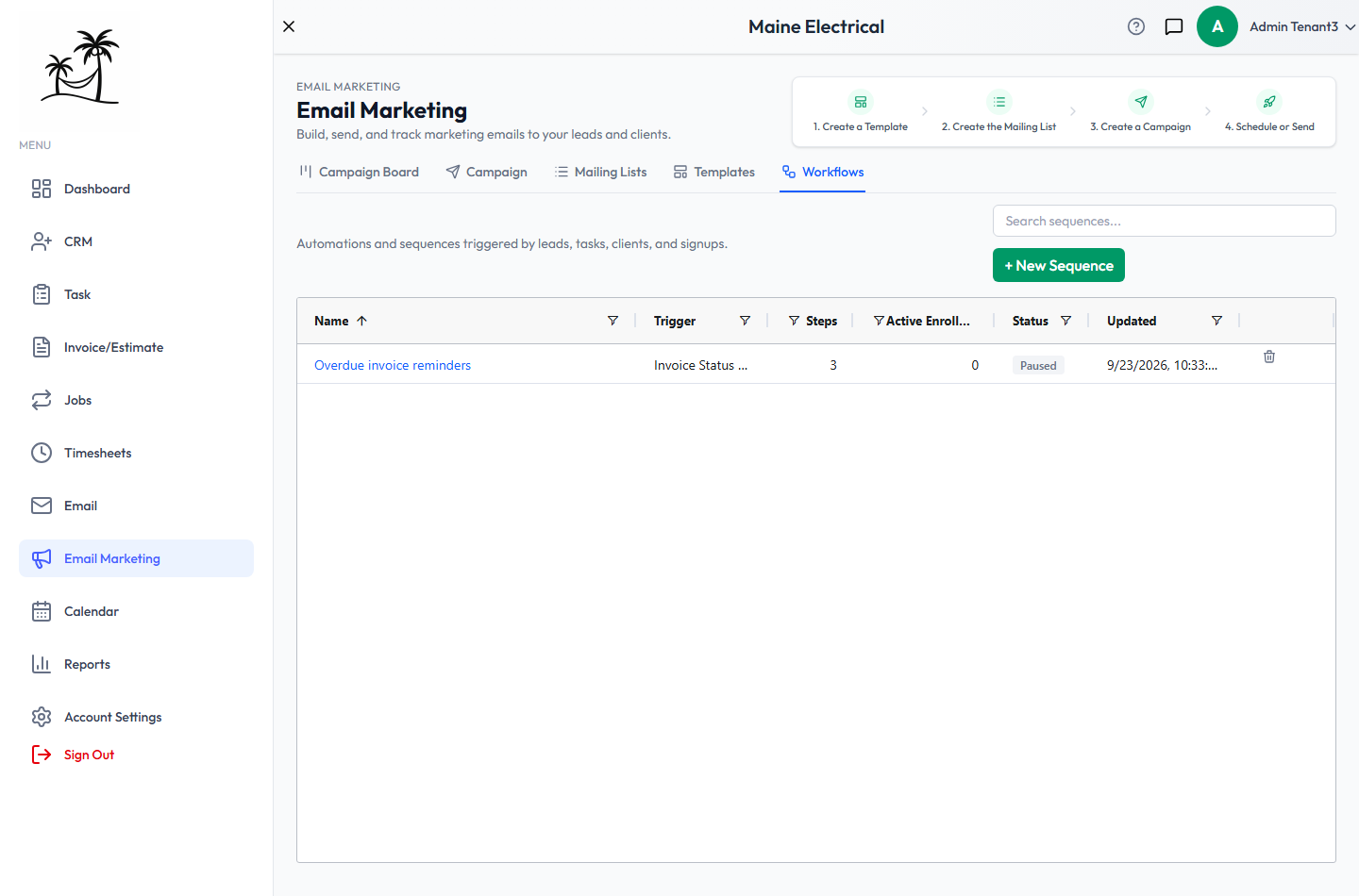 The Workflows list showing the ready-made Overdue invoice reminders sequence, three steps, Paused