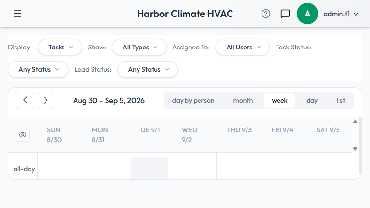 The Calendar's filter bar and week view, with day/week/month/list and day-by-person toggles