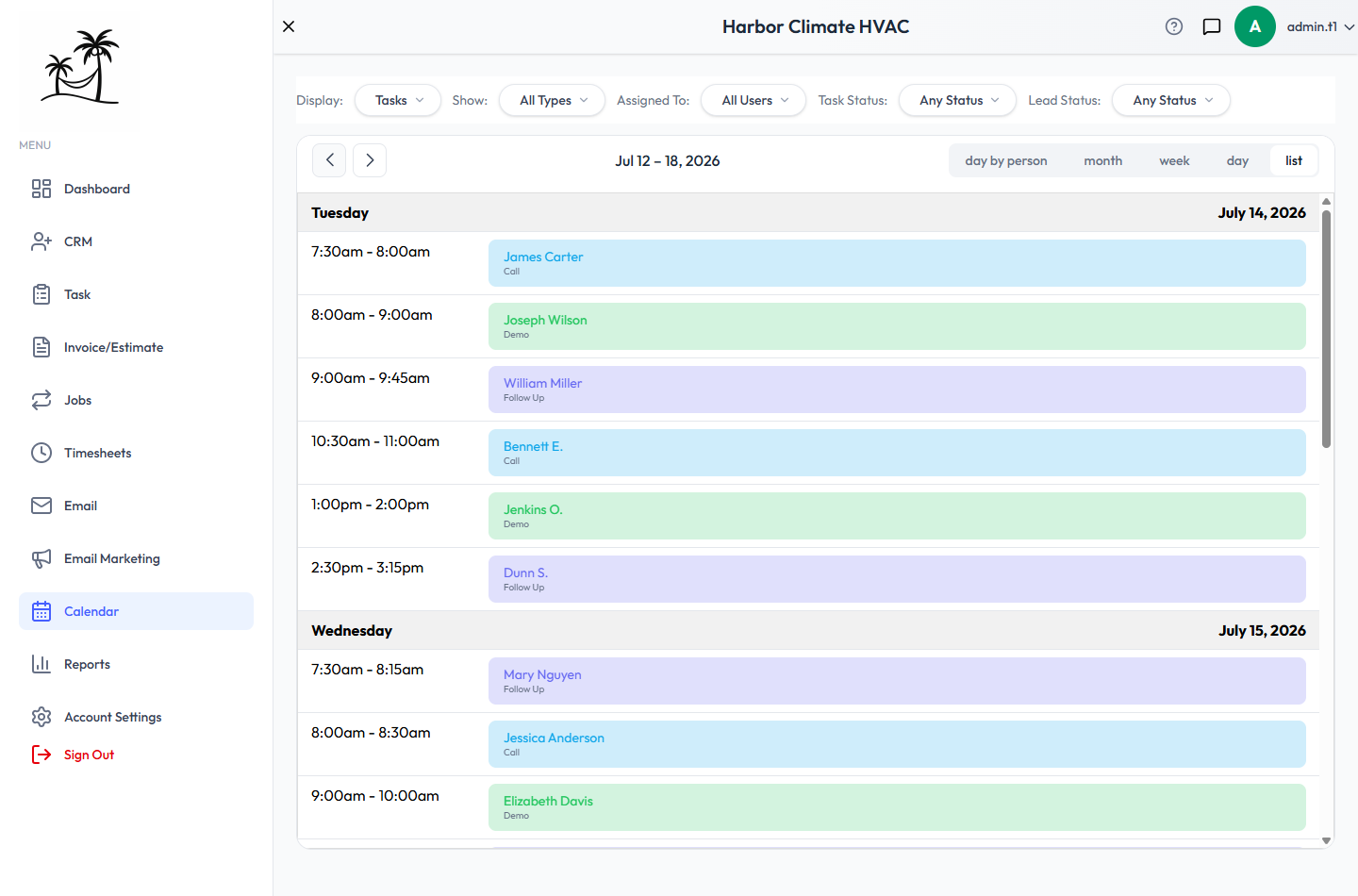 The Calendar's List view, showing a day-by-day agenda of color-coded events