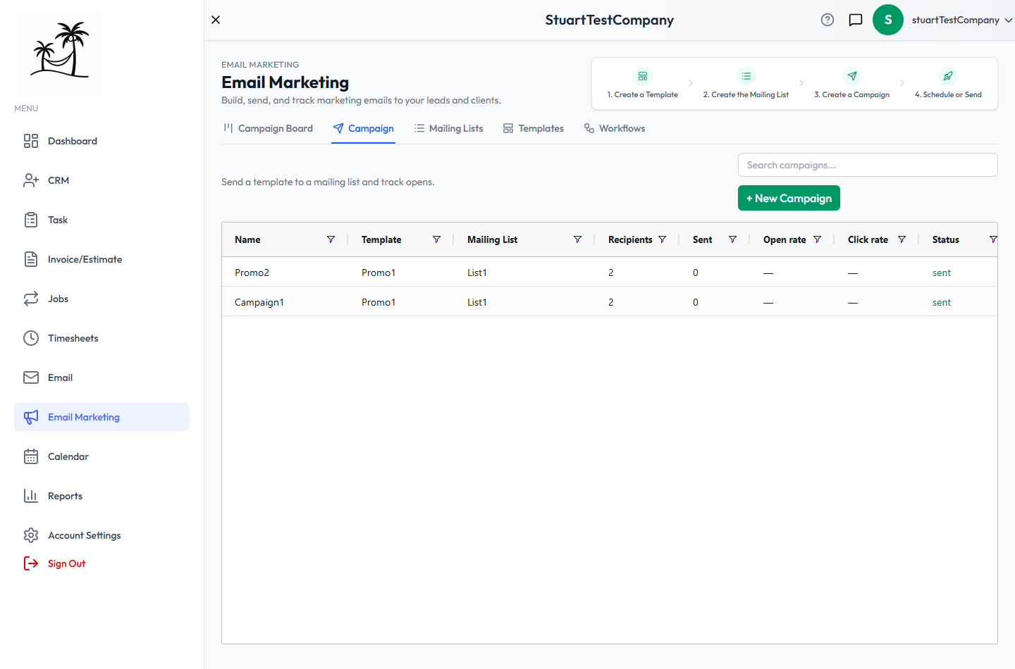 The Campaigns list, with Name, Template, Mailing List, Recipients, Sent, Open rate, Click rate, and Status columns