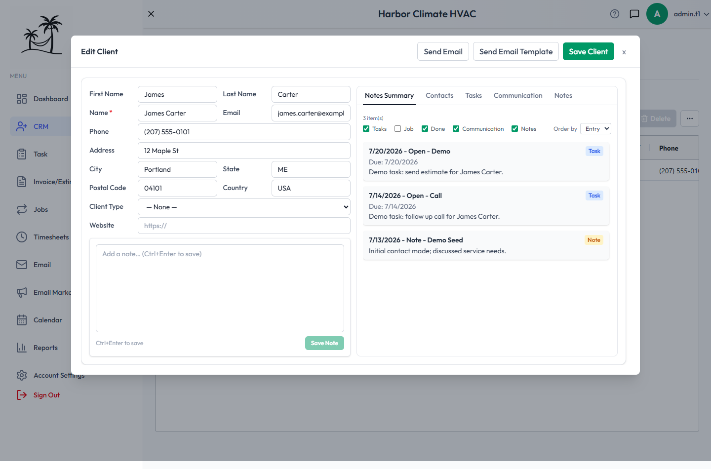 The Edit Client panel, with the client's editable details on the left and the tabbed Notes Summary on the right