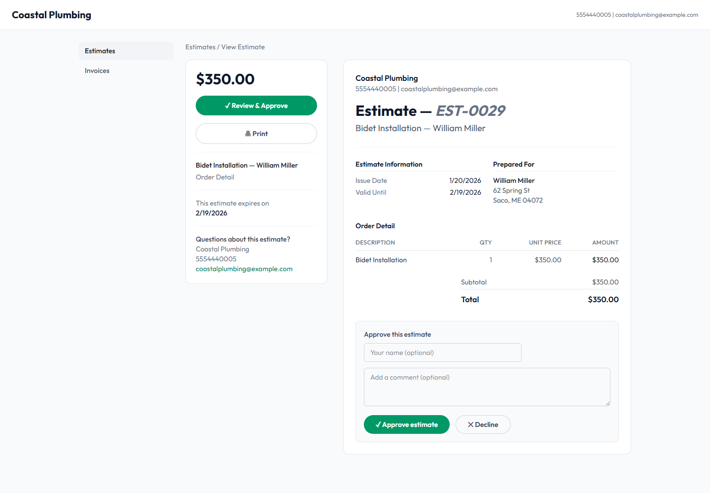 The customer portal estimate view, with an Approve/Decline form and an optional name and comment