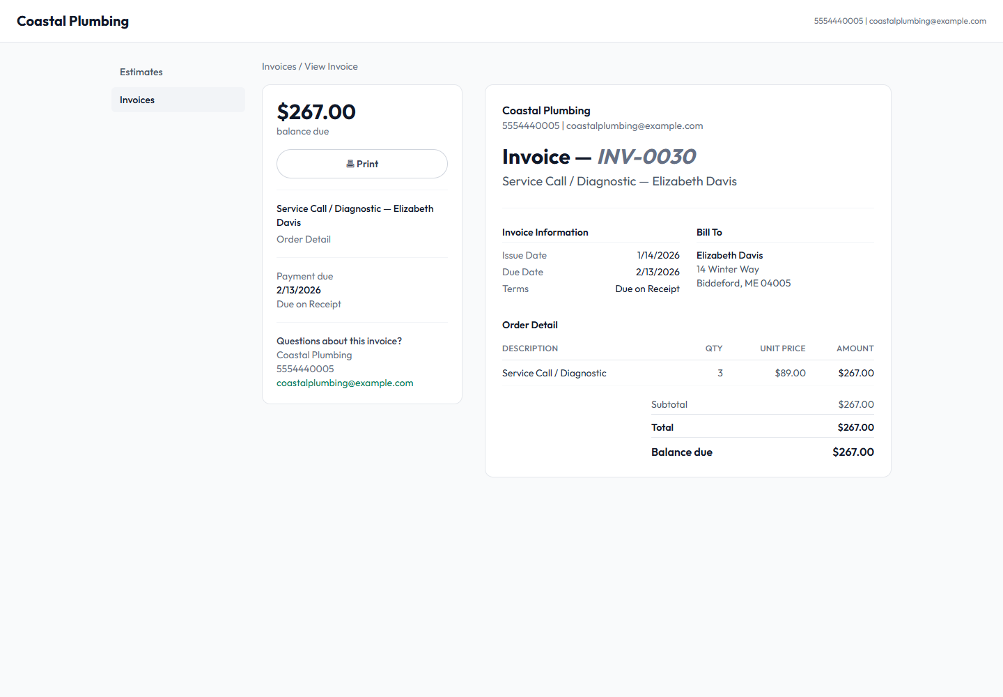 Customer portal invoice view, showing the balance due, order detail, and bill-to information