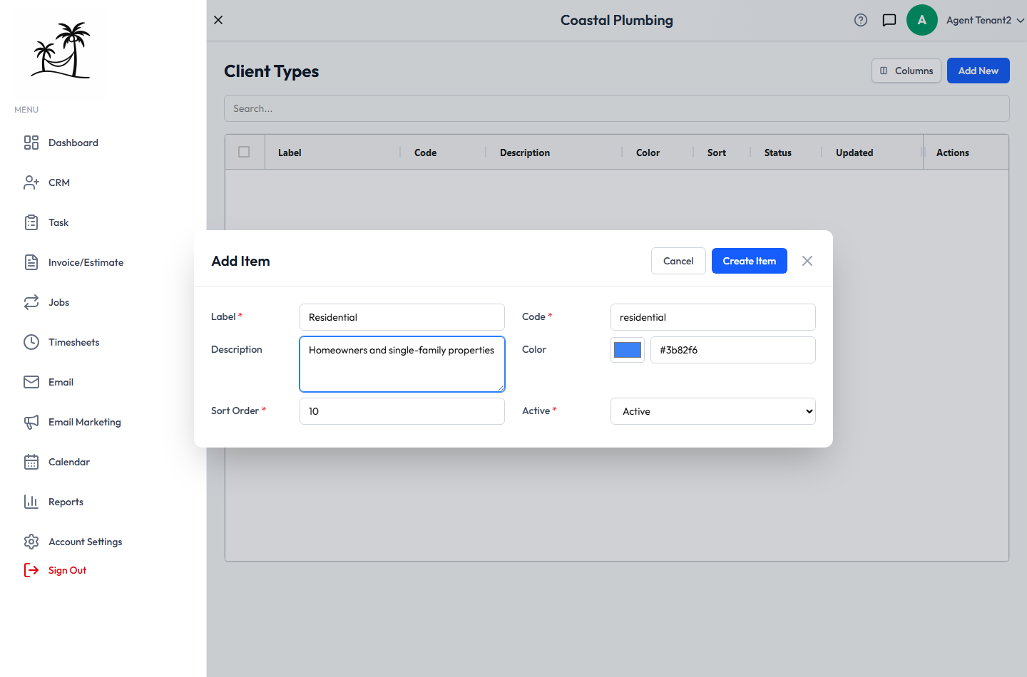 Adding a client type, with the code filled in automatically from the label