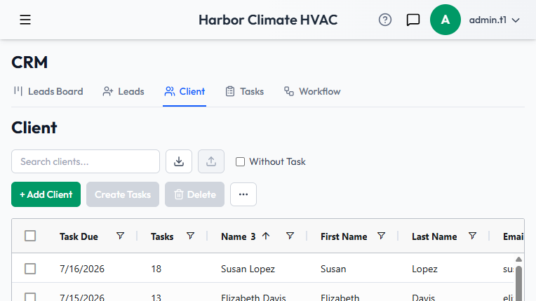 The Client grid, with search and bulk actions