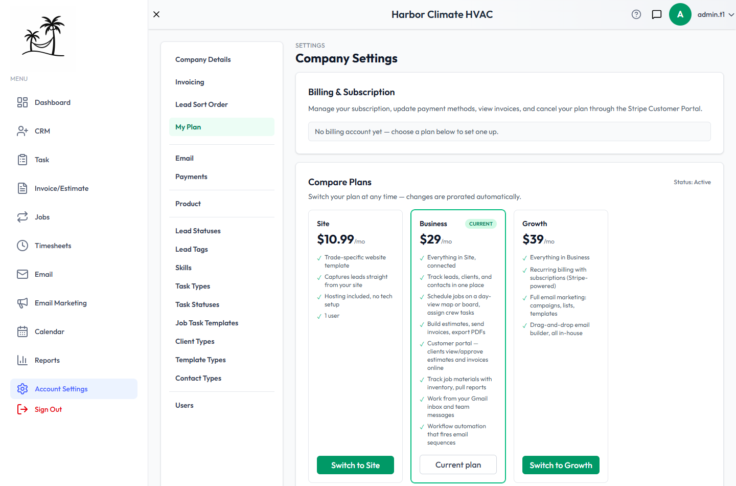 The My Plan tab, with the Compare Plans table showing Site, Business, and Growth