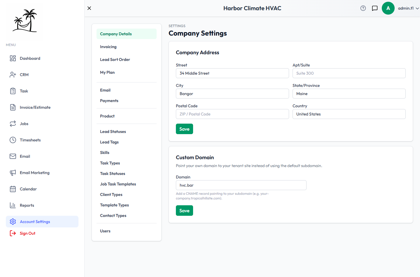 Company Settings page, showing the Company Address form and Custom Domain field