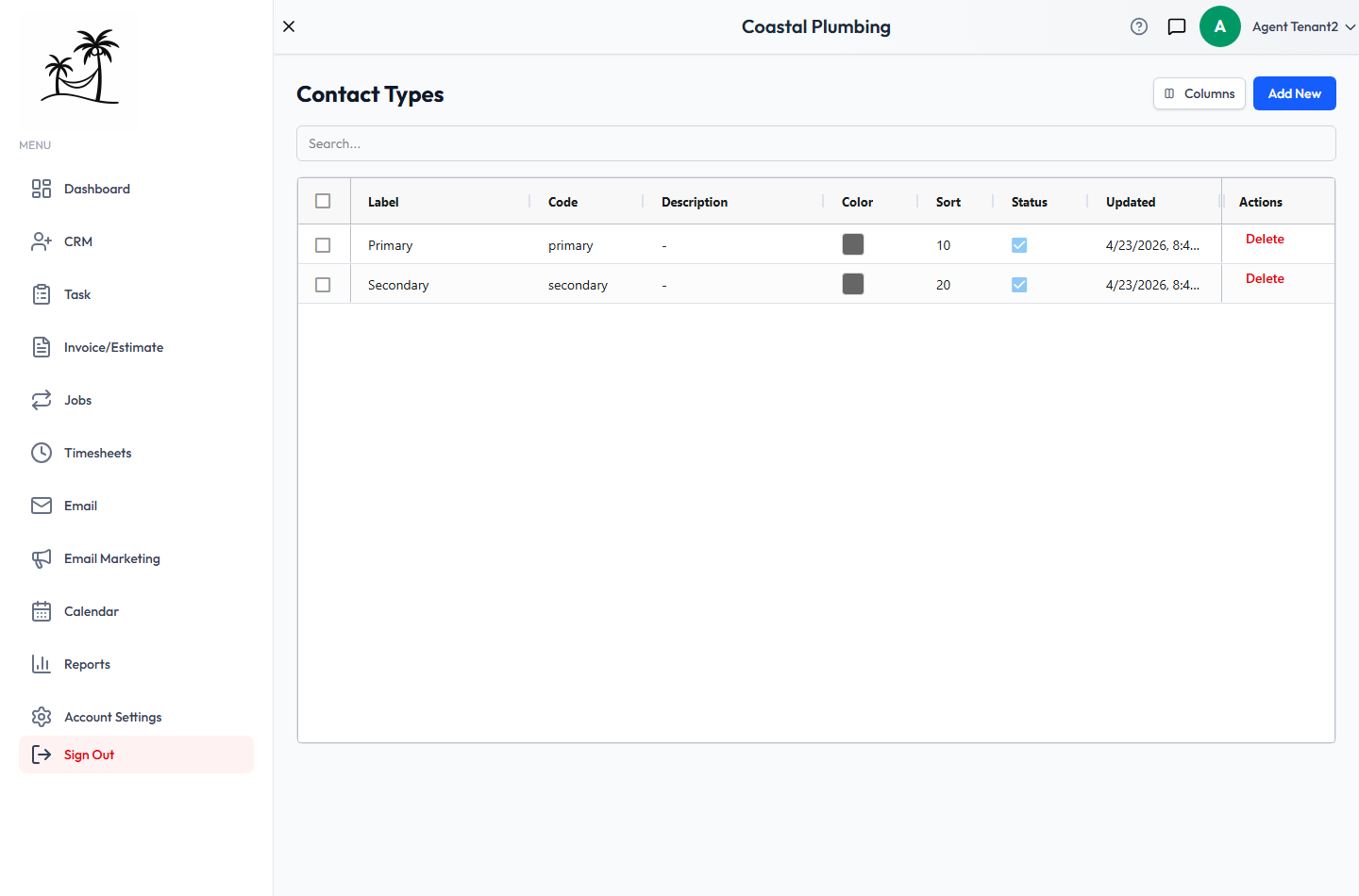 The Contact Types list, showing Primary and Secondary