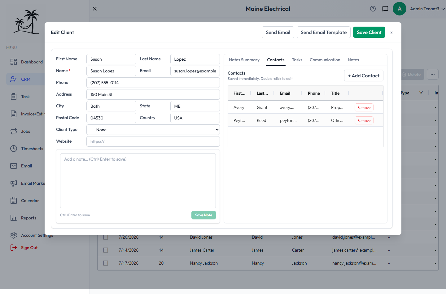 The Contacts tab of a client, listing two contacts with an Add Contact button