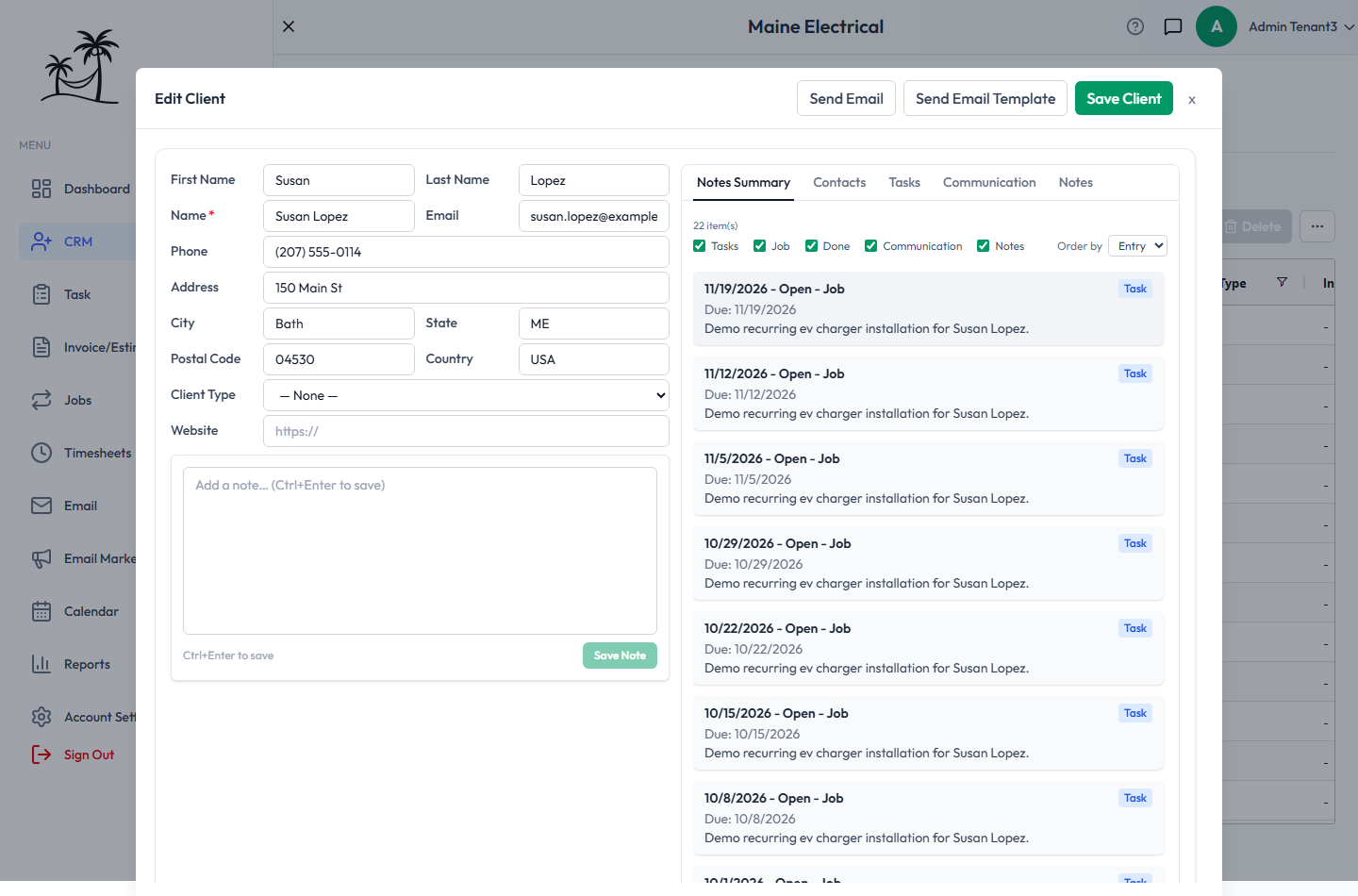 The Edit Client window, with the client's details on the left and the Notes Summary tab on the right