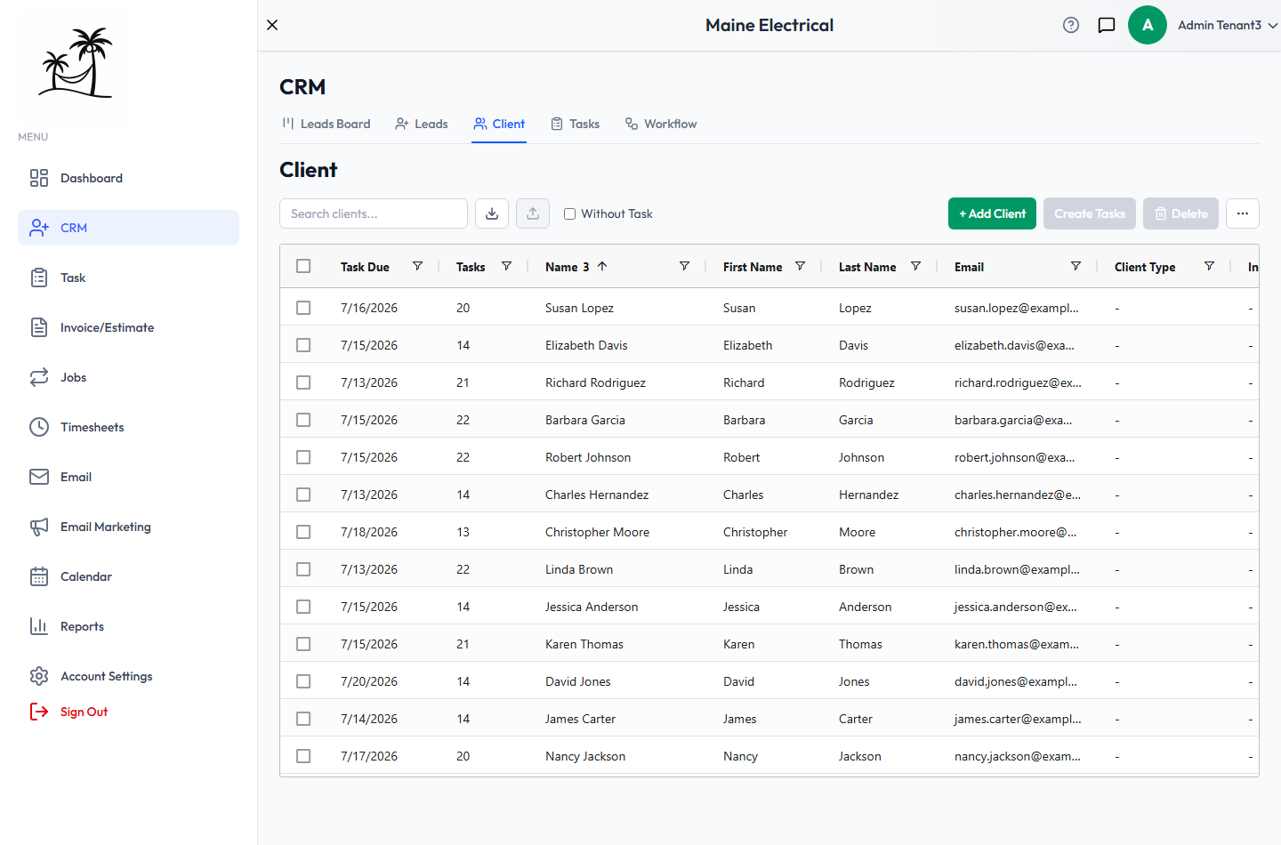 The Client grid, with search, the Without Task filter, and the Add Client, Create Tasks and Delete buttons