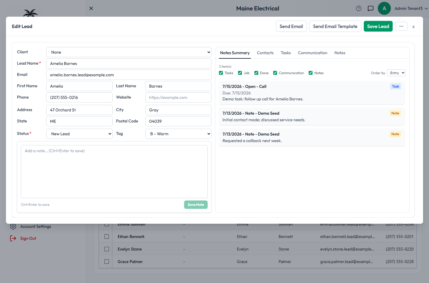 The Edit Lead window, with the lead's details on the left and the Notes Summary, Contacts, Tasks, Communication and Notes tabs on the right