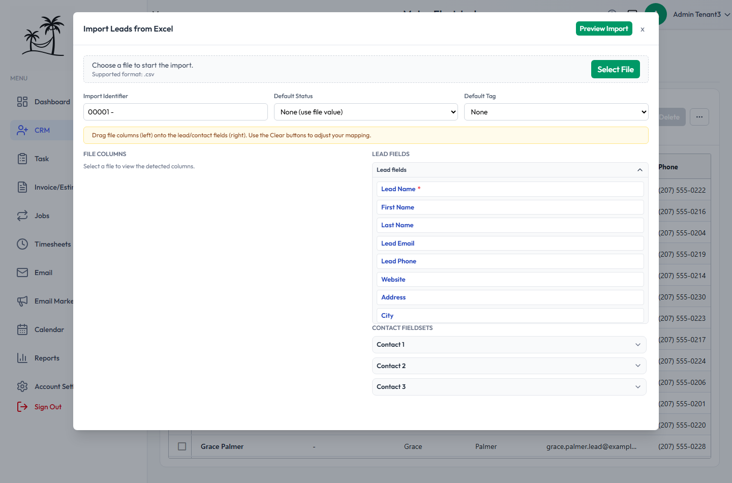 The Import Leads window, with Default Status and Default Tag, and the lead fields and three contact fieldsets to map columns onto