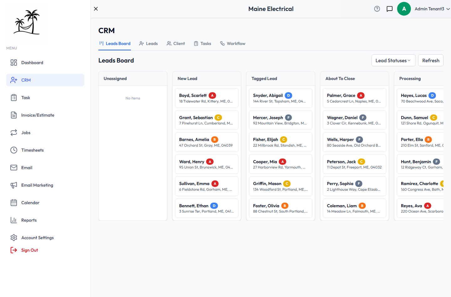 The Leads Board, with leads grouped into New Lead, Tagged Lead, About To Close and Processing columns