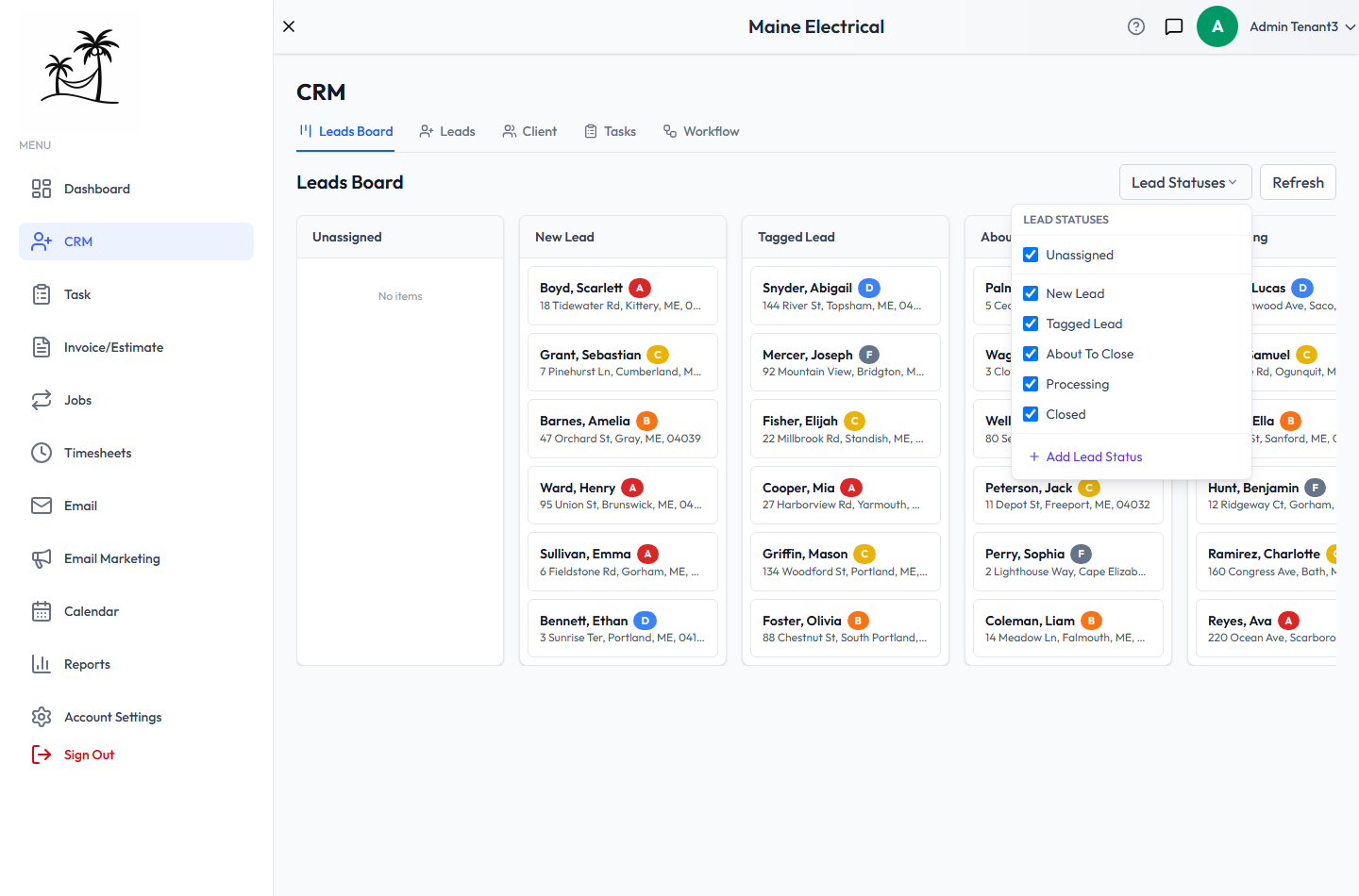 The Lead Statuses menu, with a checkbox for each status and an Add Lead Status link