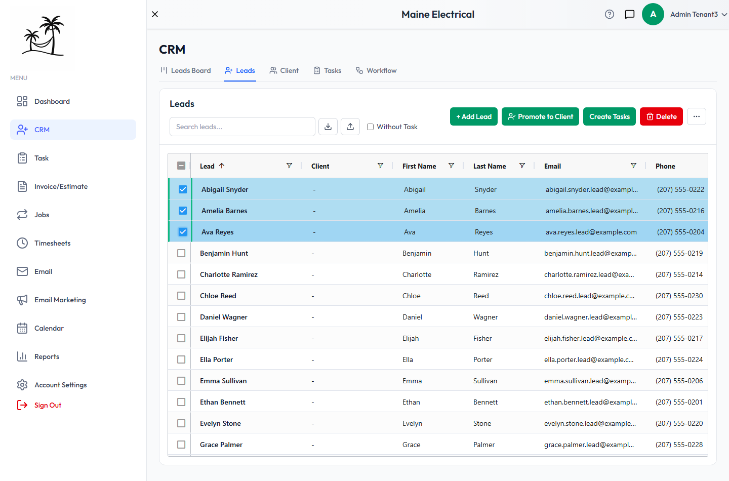 Three leads selected, with Promote to Client, Create Tasks and Delete now available