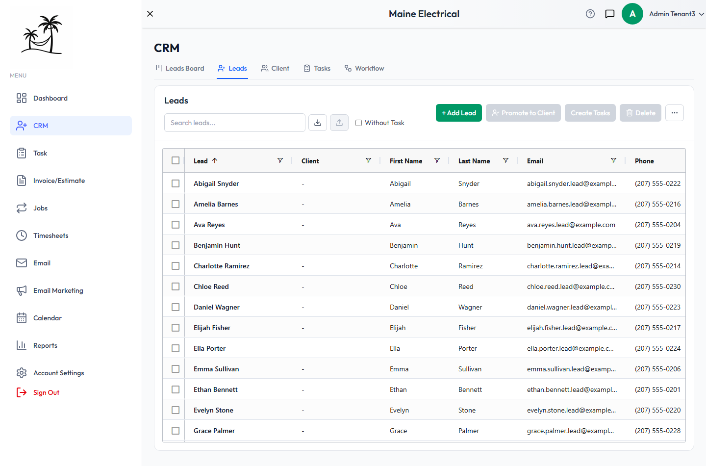 The Leads grid, with search, the Without Task filter, and the Add Lead, Promote to Client, Create Tasks and Delete buttons