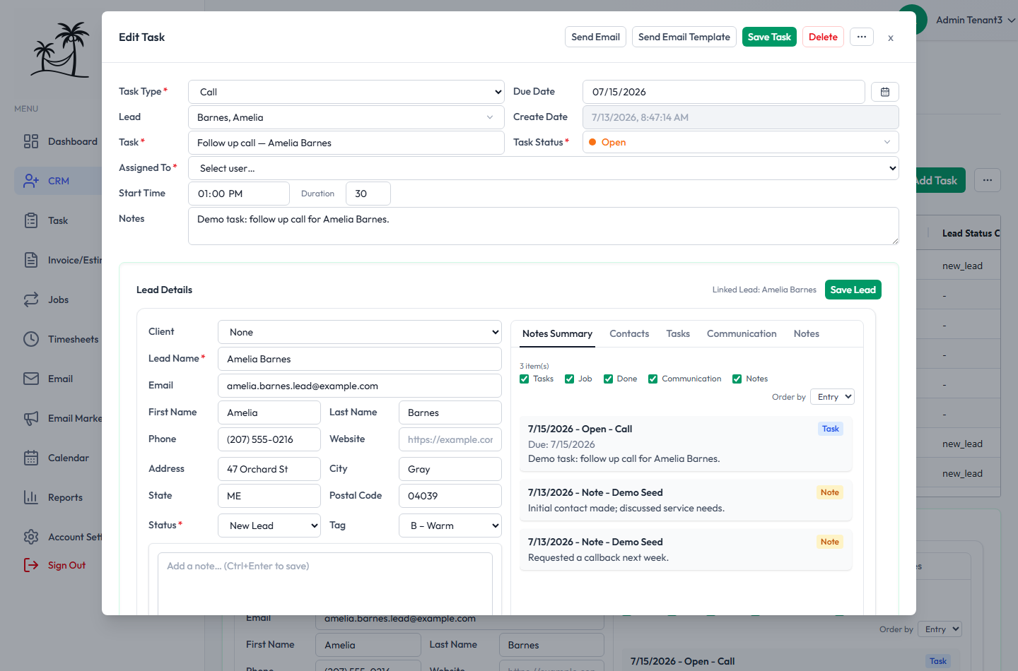 The Edit Task window, with the task's fields at the top and the linked lead's details and Notes Summary below
