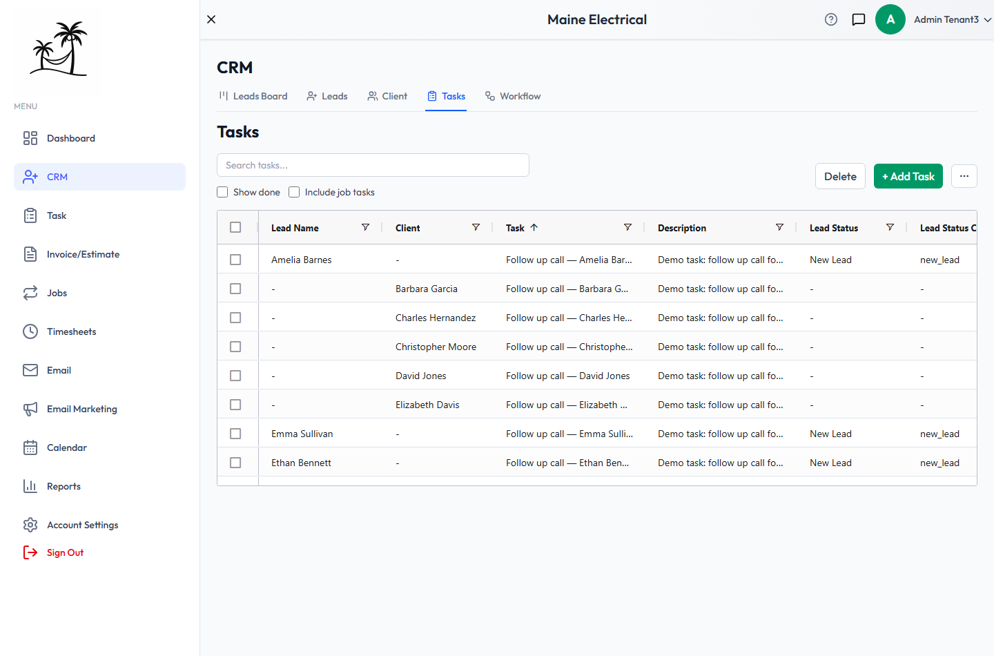 The Tasks grid, with Show done and Include job tasks, and the Delete and Add Task buttons