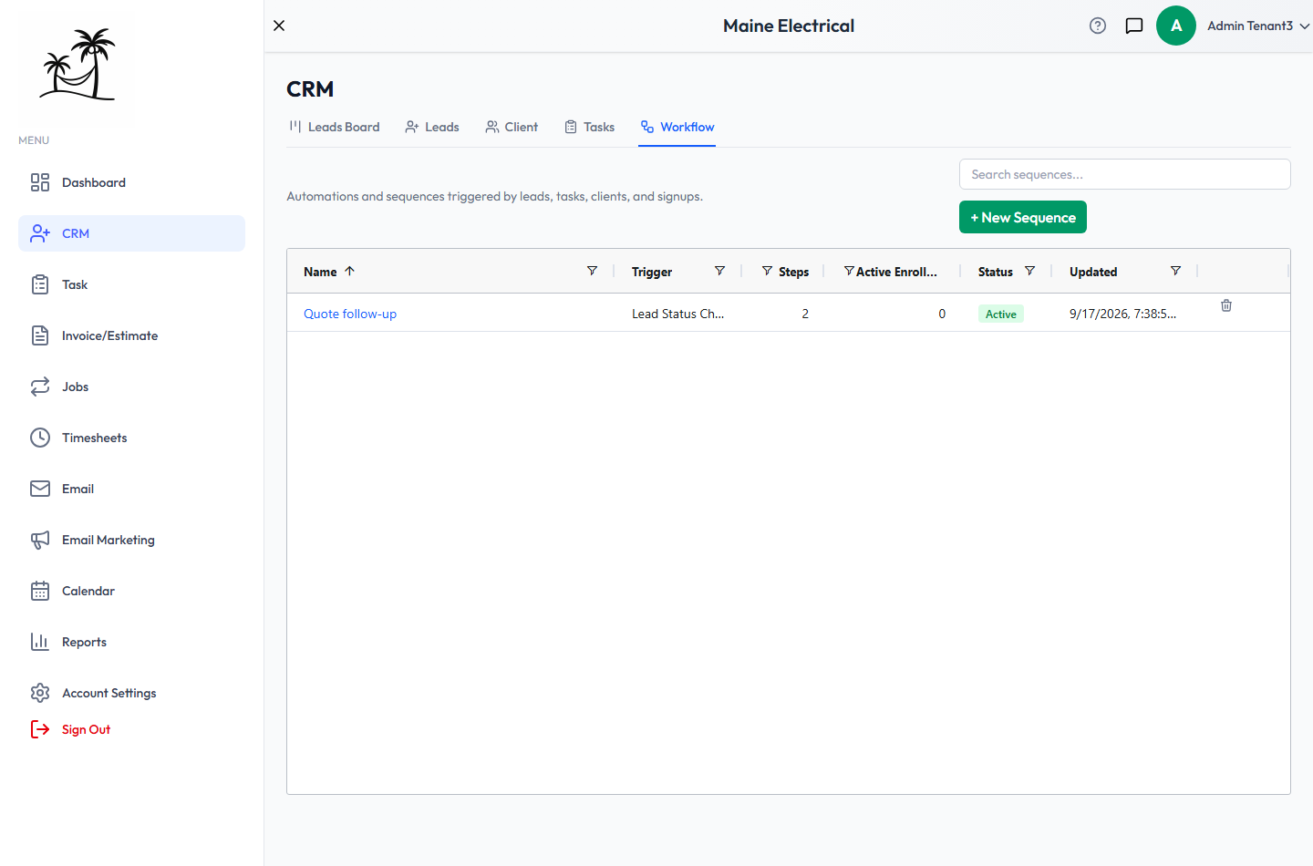 The Workflow tab, listing a Quote follow-up workflow with its trigger, step count, enrollments and status