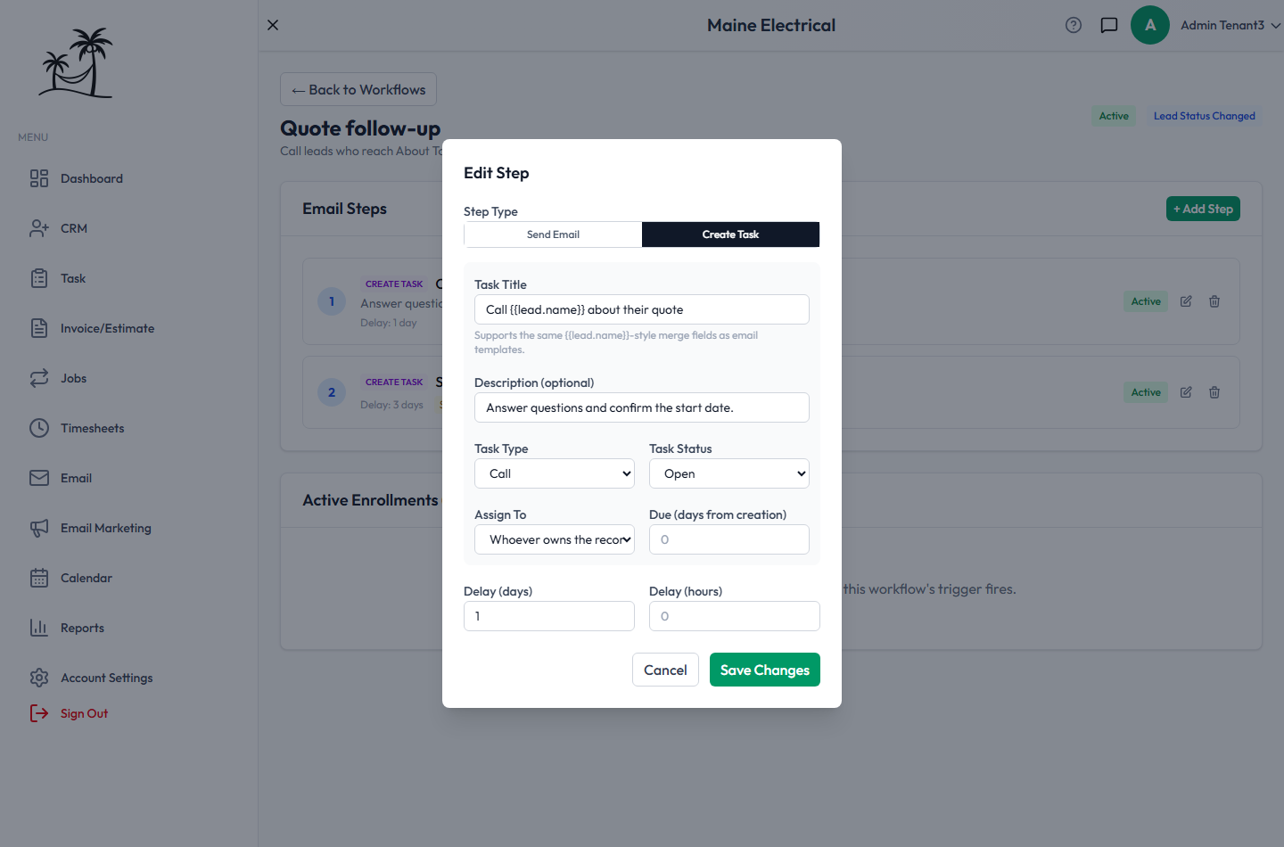 The Edit Step window for a Create Task step, with task title, description, type, status, assignee, due date and delay