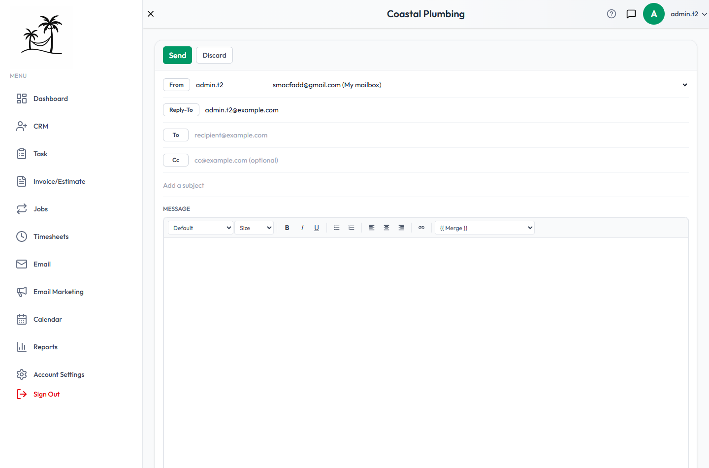 Compose screen, showing the From mailbox selector, Reply-To, To, Cc, and the rich-text editor with the Merge field dropdown