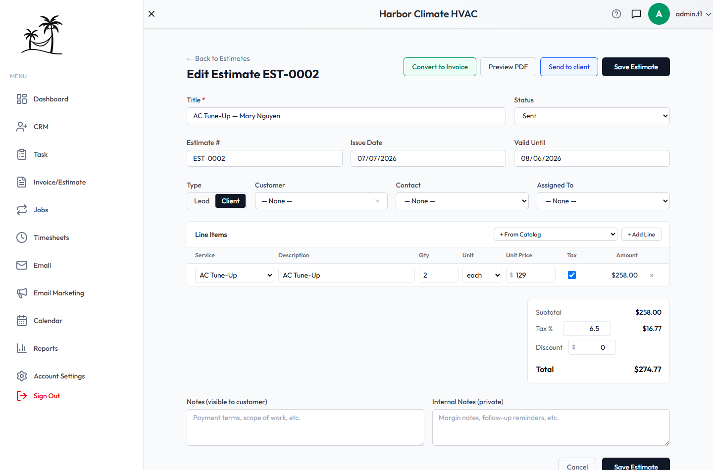 The estimate editor, with line items, tax, discount, and totals