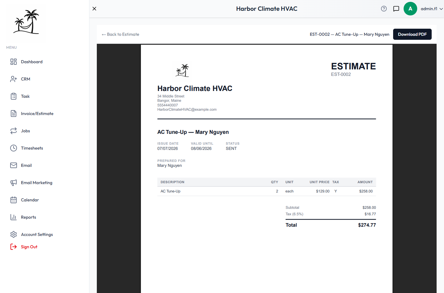 The branded estimate PDF, with company logo, line items, and totals
