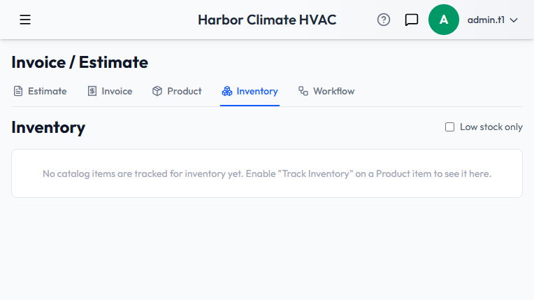The Inventory page's empty state — no catalog items have Track Inventory turned on yet