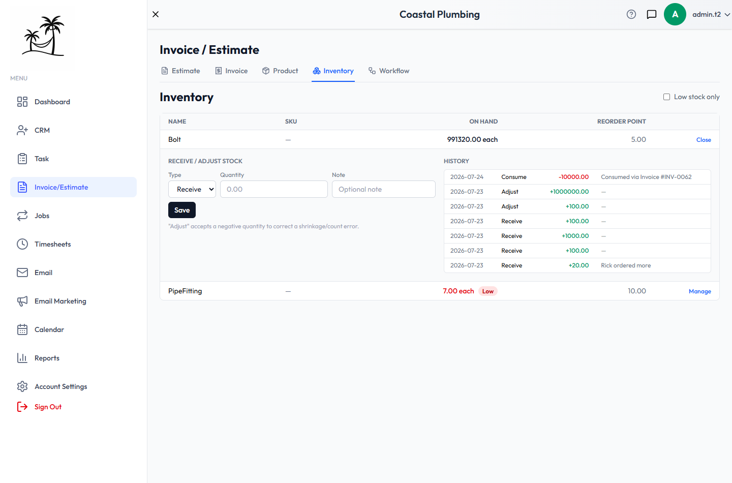 An inventory item expanded with Manage, showing the Receive/Adjust form, a Low badge, and its transaction History