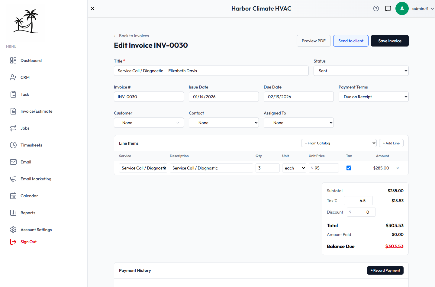 The invoice editor, showing Amount Paid, Balance Due, and the Payment History / Record Payment section