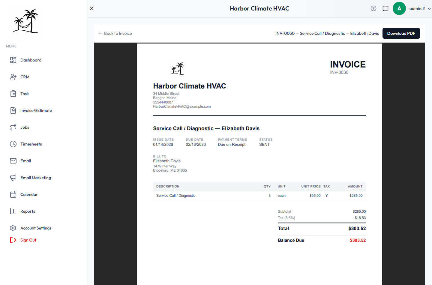 The branded invoice PDF, with company logo, bill-to, line items, and balance due