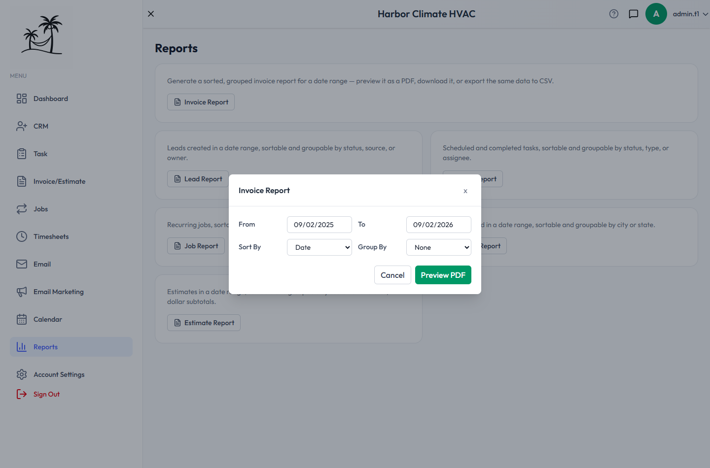 The Invoice Report builder, with date range, sort, and group options, over the Reports page's six report cards