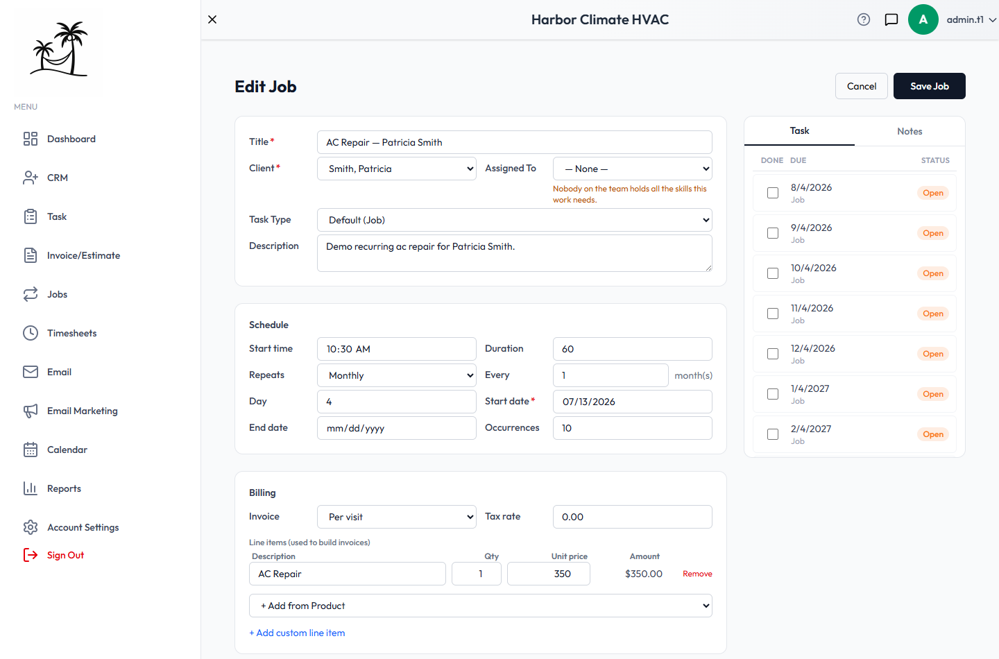 The job editor, showing schedule, billing, and line items on the left and generated visits on the right