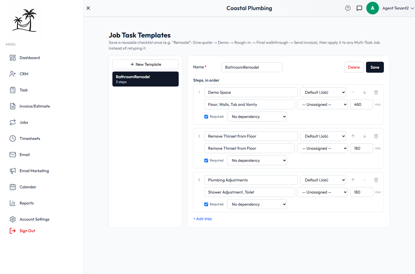 The Job Task Templates page, showing a three-step Bathroom Remodel template with durations, Required checkboxes and dependency settings