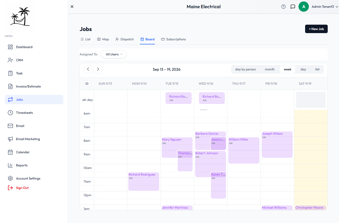 The Board in week view, with job visits at their times and multi-task job steps as all-day entries