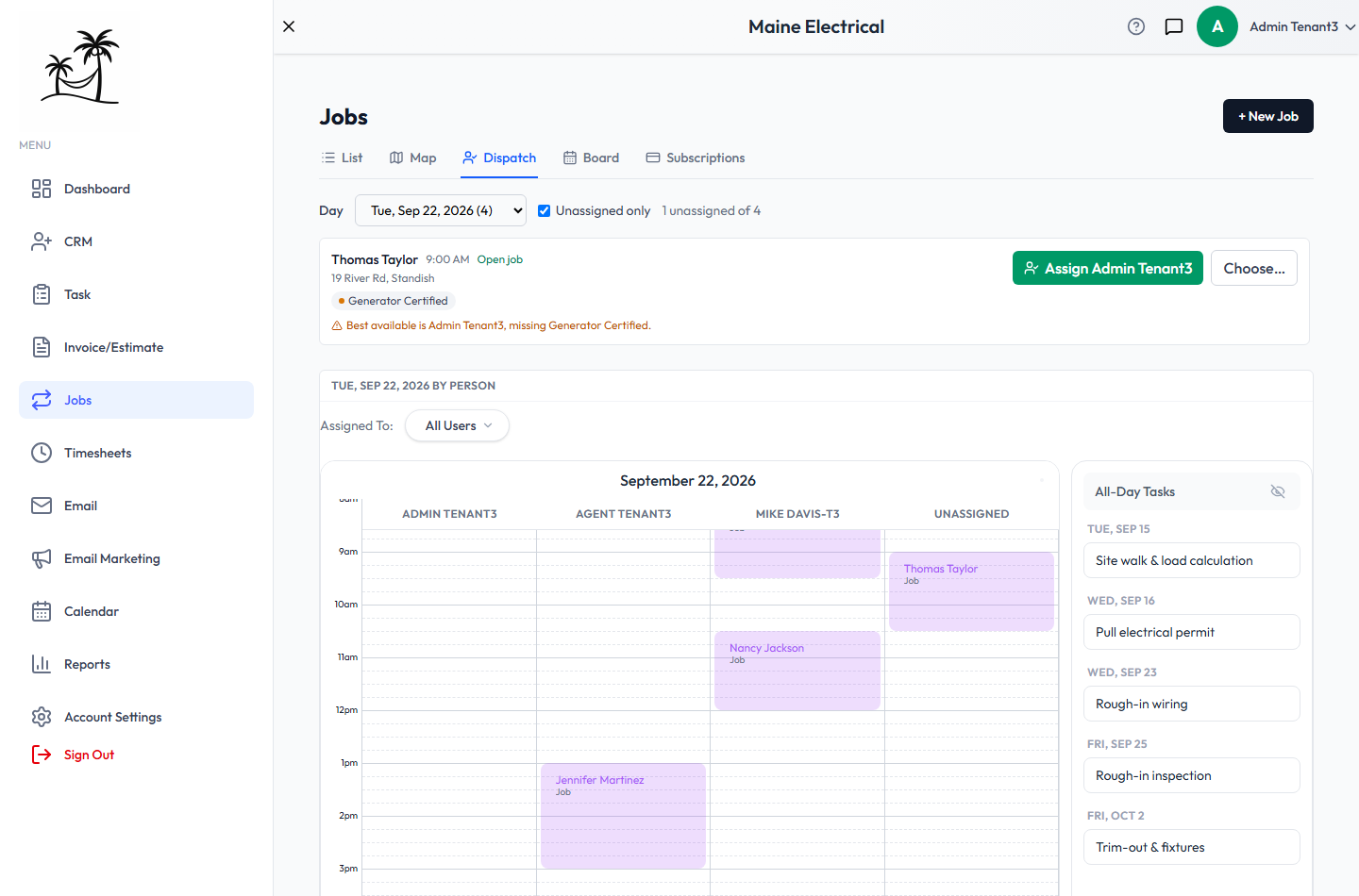 Dispatch for one day: an unassigned visit needing Generator Certified, with Assign and Choose buttons and a warning that the best available person lacks that skill, above the day-by-person calendar