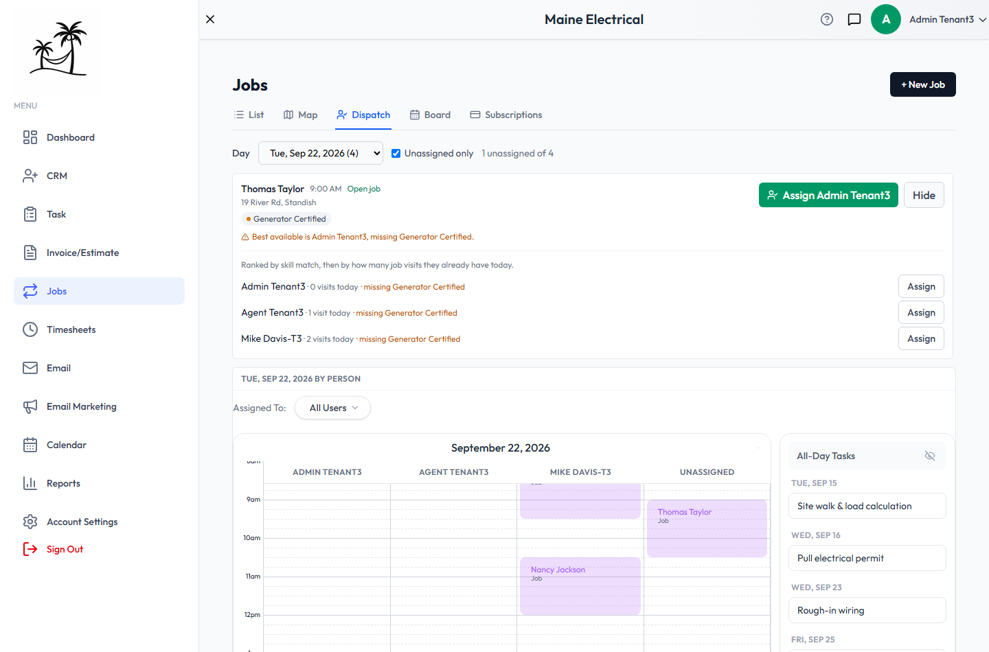 A visit's Choose list, ranking every technician with their visits that day and any skills they're missing
