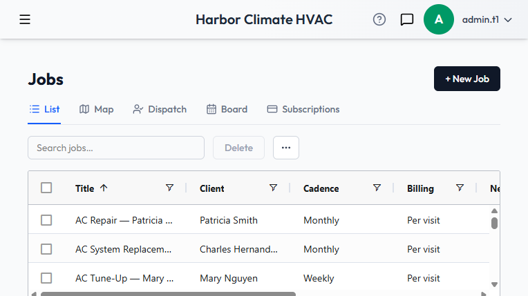 The Jobs grid, with List, Map, Dispatch, Board, and Subscriptions tabs