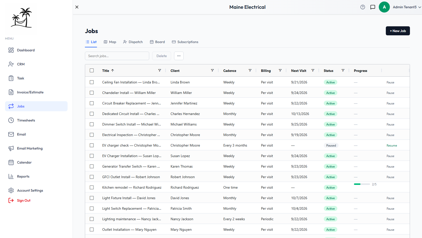 The Jobs list, with Title, Client, Cadence, Billing, Next Visit, Status and Progress columns, and Pause or Resume at the end of each row