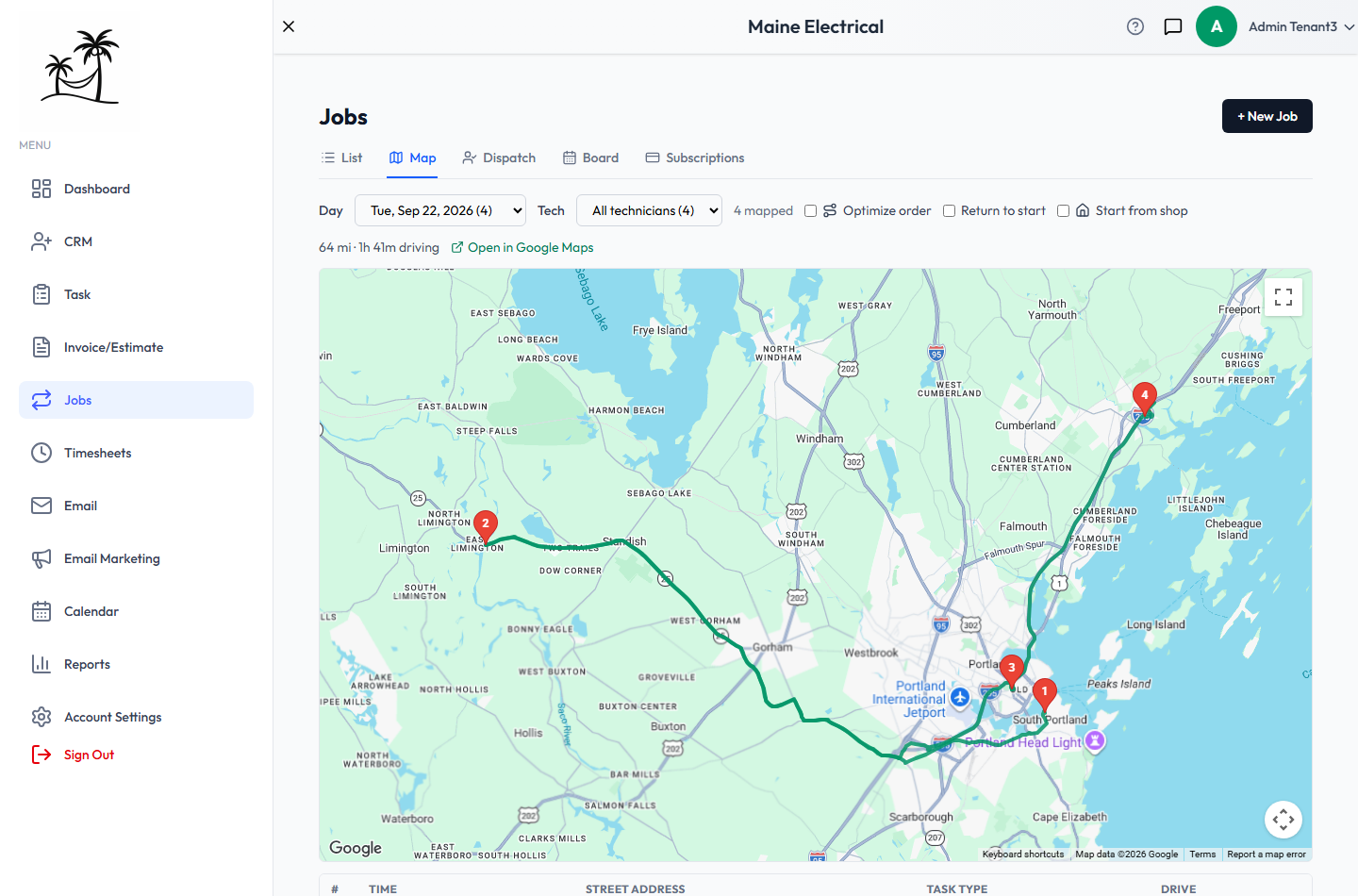 The Jobs Map for one day, with four numbered stops joined by the driving route, and the Day, Tech and route options above