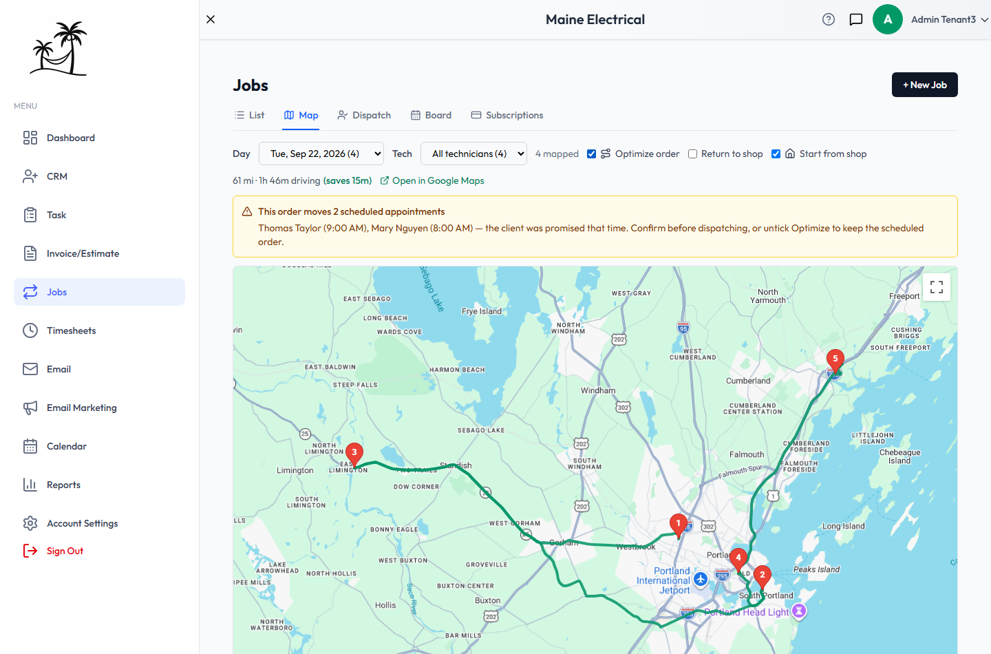 The same day with Optimize order and Start from shop ticked: the route is shorter, saving 15 minutes, and a warning lists the appointments the new order moves