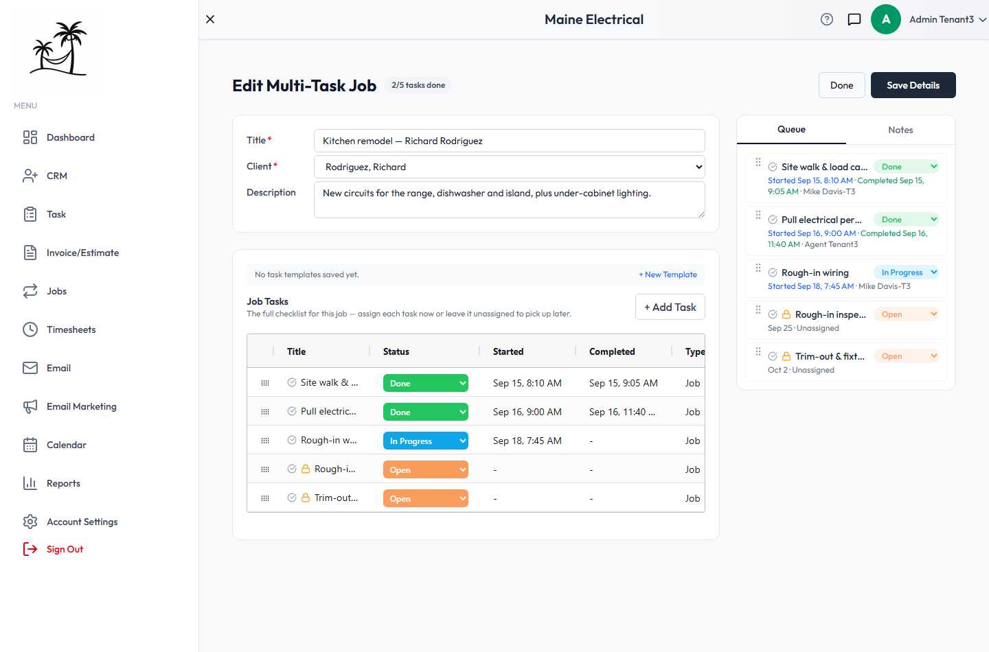 The Edit Multi-Task Job screen, with the job details, the Job Tasks checklist, and the Queue panel on the right