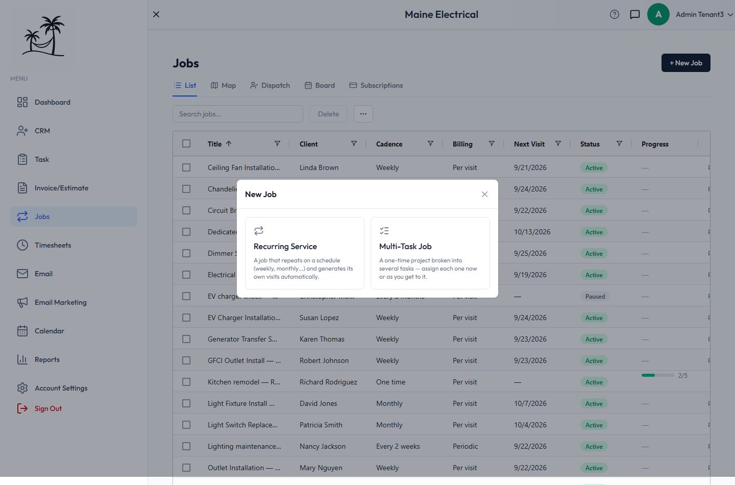 The New Job window, offering Recurring Service or Multi-Task Job