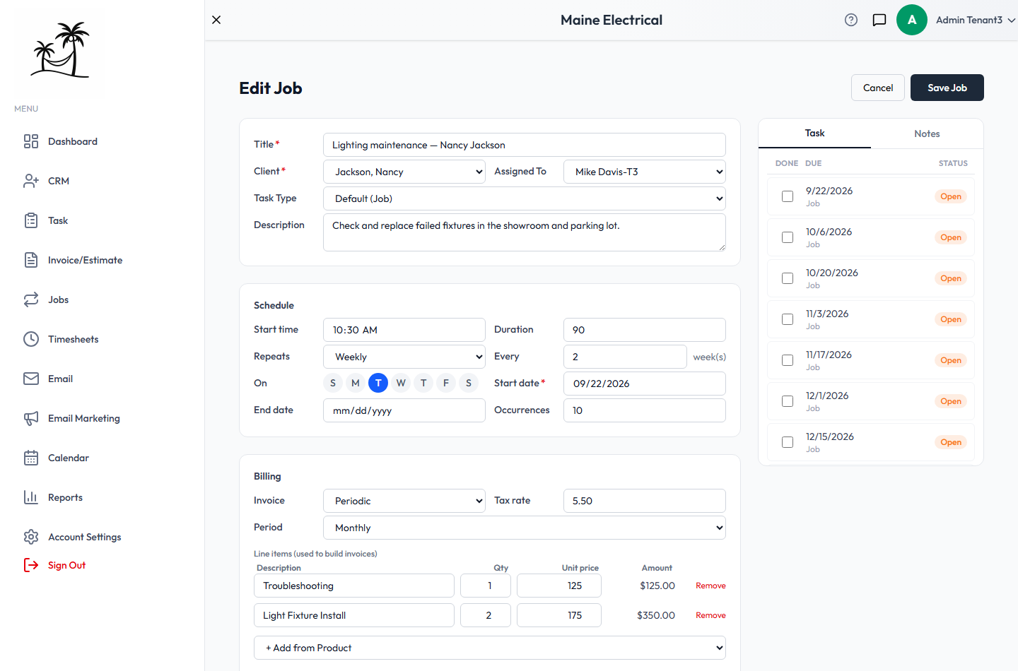 The Edit Job screen, with the job details, Schedule and Billing sections on the left and its upcoming visits on the right