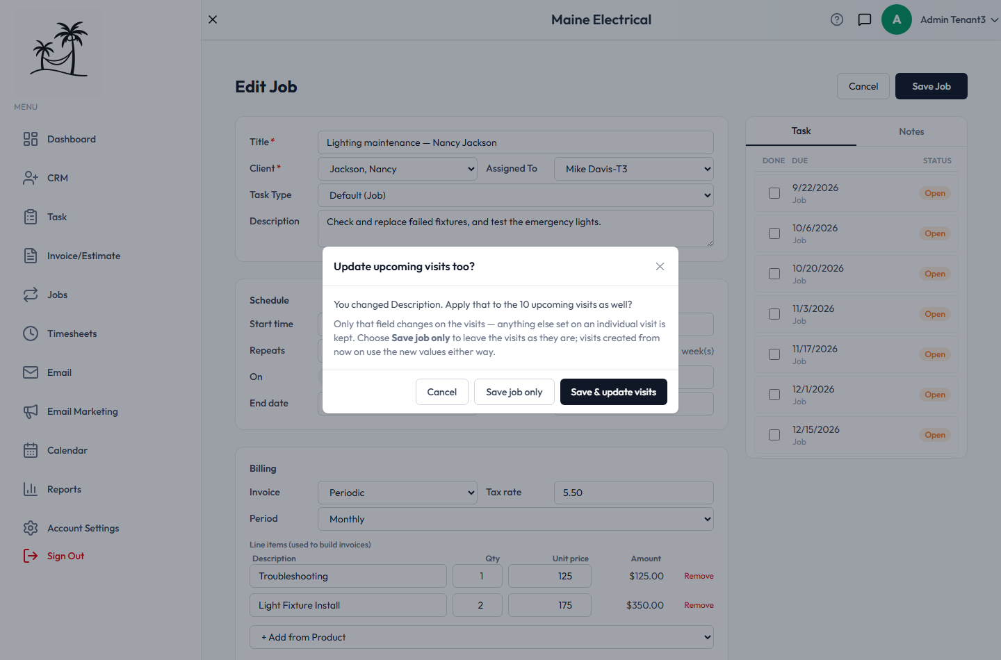 Saving after editing the description: "Update upcoming visits too?", with Cancel, Save job only and Save & update visits